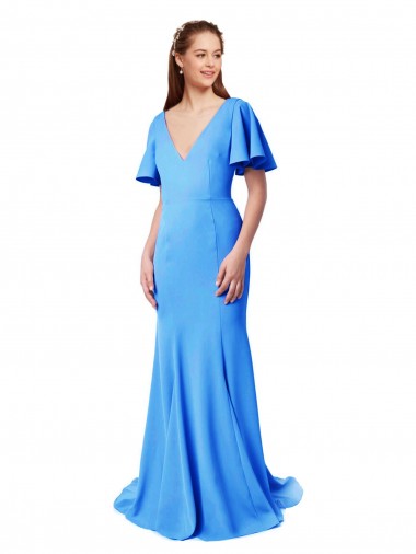 Acquista Blu Pavone Stile sirena Scollatura a V Sweep treno Crespo Elastico Lunga Abiti da damigella donore / Abiti da ballo