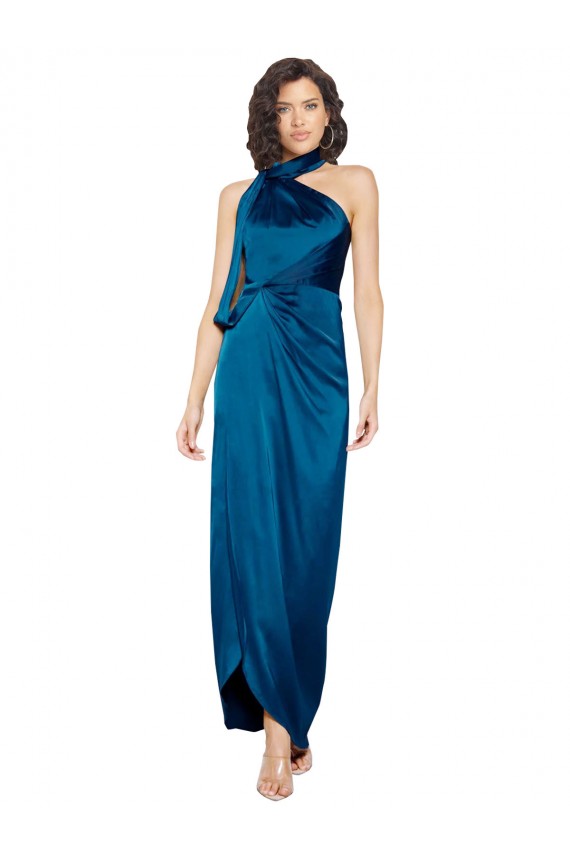 Acquista Blu Pavone Tubino Capestro Alto Collo Raso Setoso Lunga Formali Abiti da damigella donore / Abiti da sera / Abiti da ballo