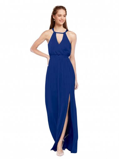 Acquista Blu Reale Linea A Alto Collo Chiffona Lunga Abiti da damigella donore