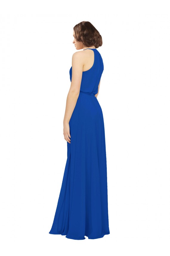 Acquista Blu Reale Linea A Collo Gioiello Chiffona Lunga Abiti da damigella donore