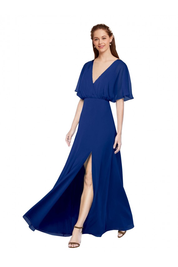 Acquista Blu Reale Linea A Scollatura a V Chiffona Lunga Abiti da damigella donore