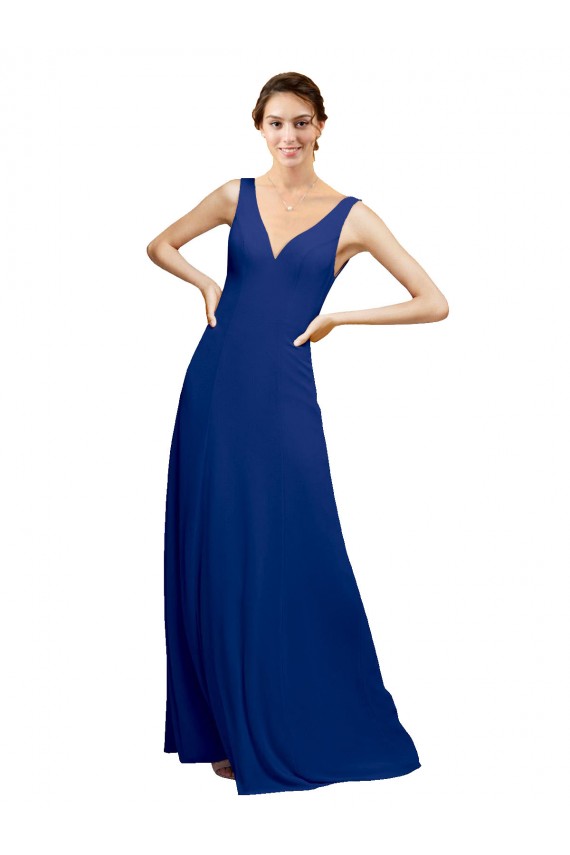 Acquista Blu Reale Linea A Scollatura a V Chiffona Lunga Abiti da damigella donore