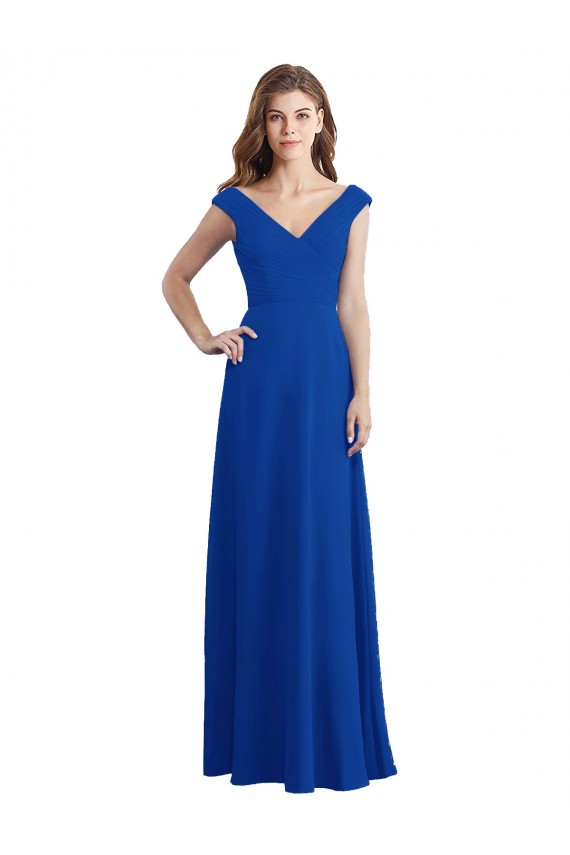 Acquista Blu Reale Linea A Scollatura a V Chiffona Lunga Abiti da damigella donore