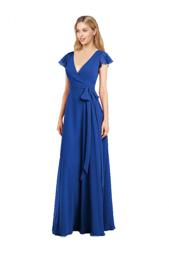 Acquista Blu Reale Linea A Scollatura a V Chiffona Lunga Abiti da damigella donore
