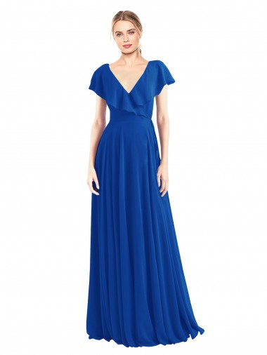 Acquista Blu Reale Linea A Scollatura a V Chiffona Lunga Abiti da damigella donore