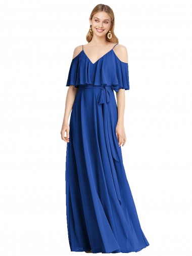Acquista Blu Reale Linea A Sottili Scollatura a V Chiffona Lunga Abiti da damigella donore