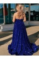Acquista Blu Reale Linea A Una spalla Sweep treno Paillettes Velluto Lunga Abiti da ballo