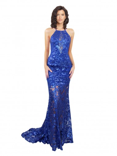 Acquista Blu Reale Stile sirena Alto Collo Pizzo Lunga Abiti da damigella donore / Abiti da ballo
