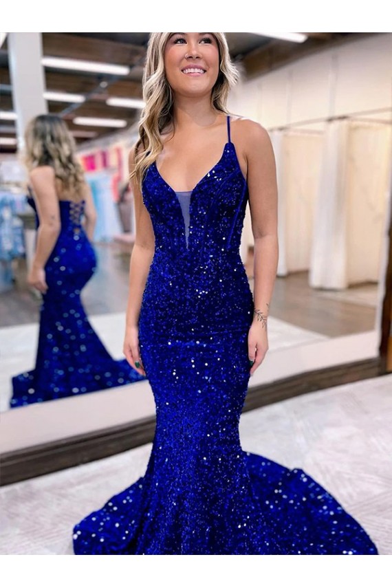 Acquista Blu Reale Stile sirena Scollatura a V Paillettes Velluto Lunga Abiti da ballo