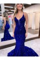 Acquista Blu Reale Stile sirena Scollatura a V Paillettes Velluto Lunga Abiti da ballo