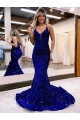 Acquista Blu Reale Stile sirena Scollatura a V Paillettes Velluto Lunga Abiti da ballo