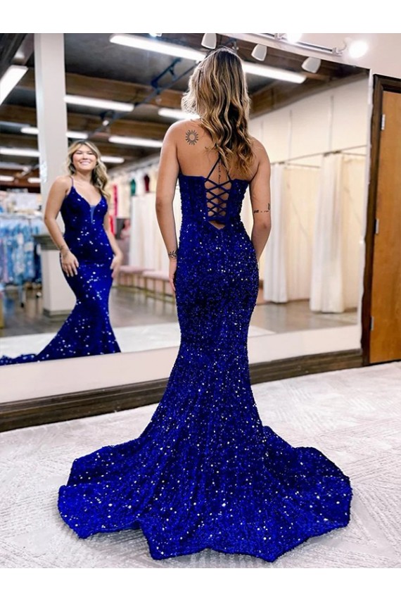 Acquista Blu Reale Stile sirena Scollatura a V Paillettes Velluto Lunga Abiti da ballo