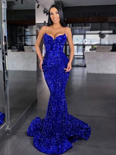 Acquista Blu Reale Stile sirena Sottili Sweep treno Paillettes Velluto Lunga Abiti da ballo