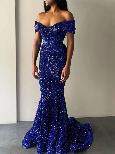 Acquista Blu Reale Stile sirena Sweep treno Paillettes Velluto Lunga Abiti da ballo