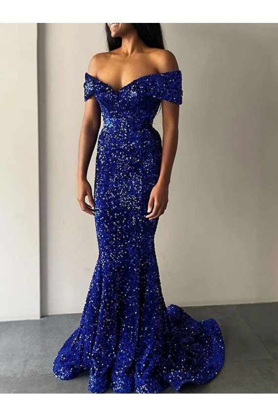 Acquista Blu Reale Stile sirena Sweep treno Paillettes Velluto Lunga Abiti da ballo
