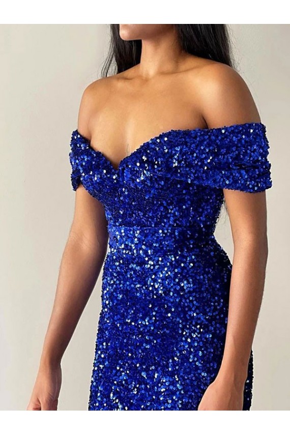 Acquista Blu Reale Stile sirena Sweep treno Paillettes Velluto Lunga Abiti da ballo