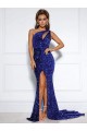 Acquista Blu Reale Stile sirena Una spalla Paillettes Velluto Lunga Abiti da ballo