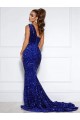 Acquista Blu Reale Stile sirena Una spalla Paillettes Velluto Lunga Abiti da ballo