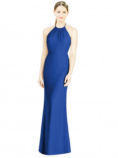 Acquista Blu Reale Tromba Capestro Alto Collo Chiffona Lunga Abiti da damigella donore