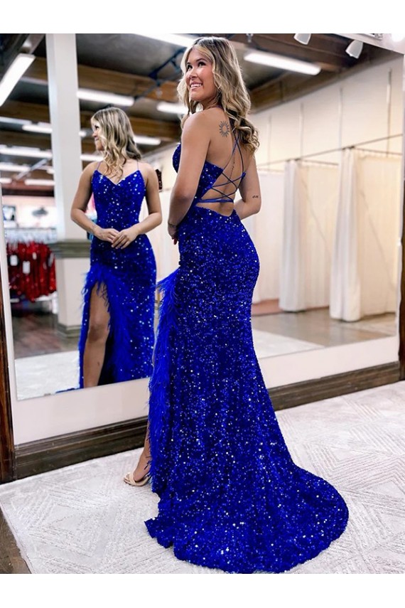 Acquista Blu Reale Tubino Scollatura a V Sweep treno Paillettes Velluto Lunga Abiti da ballo