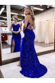 Acquista Blu Reale Tubino Scollatura a V Sweep treno Paillettes Velluto Lunga Abiti da ballo