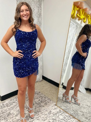 Acquista Blu Reale Tubino Sottili Corto Paillettes Velluto Corto Abiti da ballo