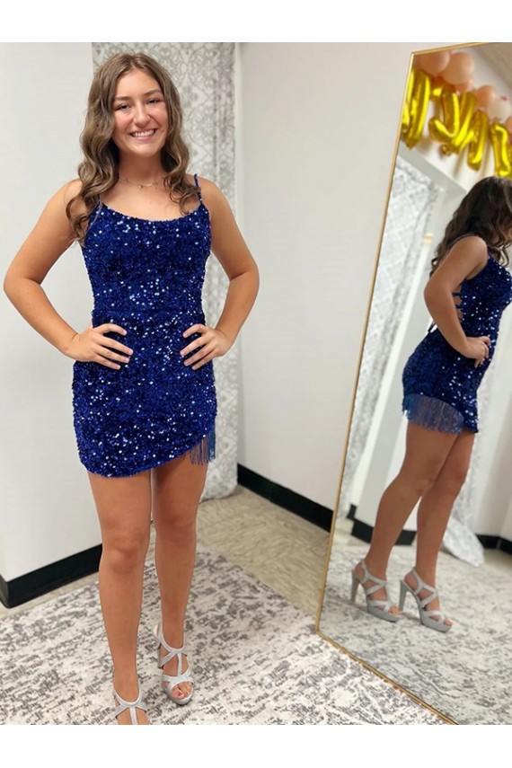 Acquista Blu Reale Tubino Sottili Corto Paillettes Velluto Corto Abiti da ballo
