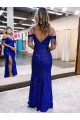 Acquista Blu Reale Tubino Sottili Scollatura a V Paillettes Velluto Lunga Abiti da ballo