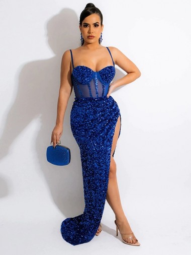Acquista Blu Reale Tubino Sottili Sweep treno Paillettes Velluto Lunga Abiti da ballo