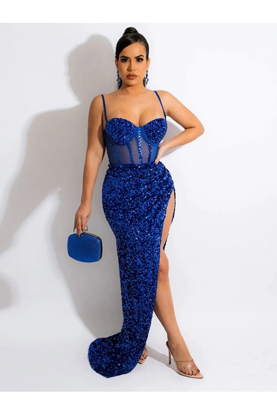 Acquista Blu Reale Tubino Sottili Sweep treno Paillettes Velluto Lunga Abiti da ballo