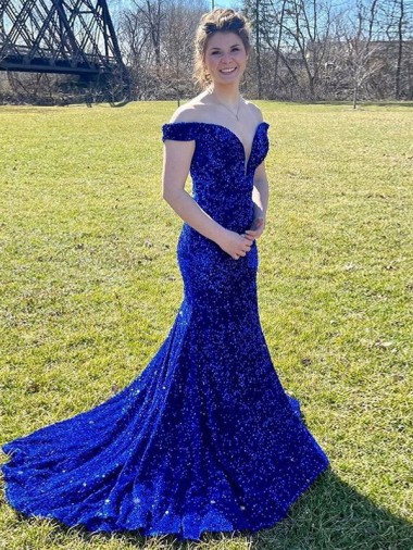 Acquista Blu Reale Tubino Sweep treno Paillettes Velluto Lunga Abiti da ballo