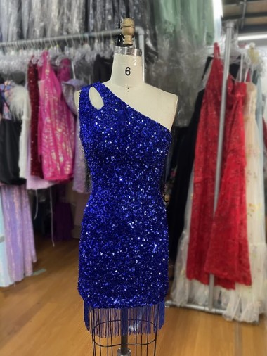 Acquista Blu Reale Tubino Una spalla Corto Paillettes Velluto Corto Abiti da ballo