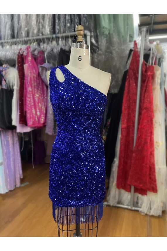 Acquista Blu Reale Tubino Una spalla Corto Paillettes Velluto Corto Abiti da ballo