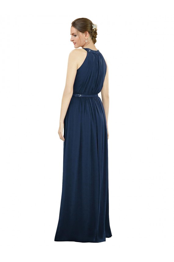Acquista Blu marino scuro Linea A Alto Collo Chiffona Lunga Abiti da damigella donore