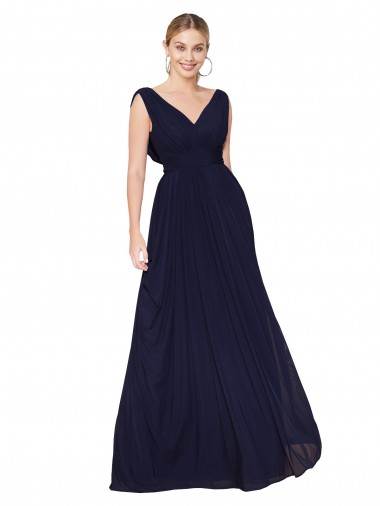 Acquista Blu marino scuro Linea A Alto Collo Chiffona Lunga Formali Abiti da damigella donore / Abiti da sera / Abiti da ballo