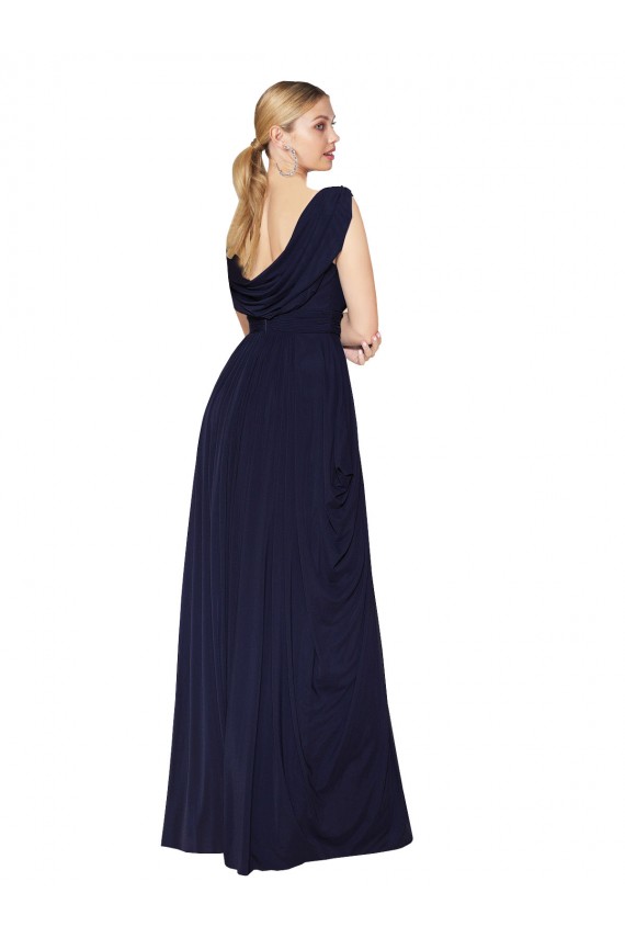 Acquista Blu marino scuro Linea A Alto Collo Chiffona Lunga Formali Abiti da damigella donore / Abiti da sera / Abiti da ballo