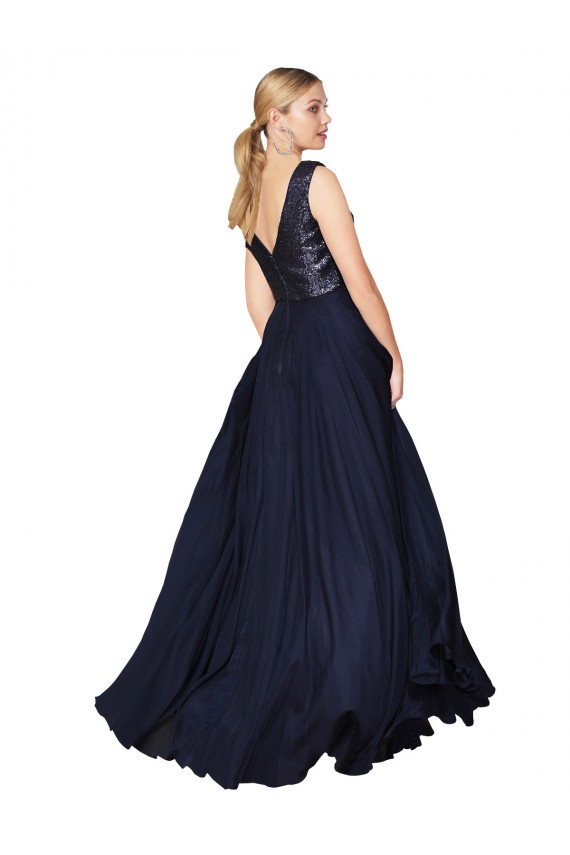 Acquista Blu marino scuro Linea A Alto Collo Chiffona Paillettes Lunga Abiti da damigella donore / Abiti da ballo