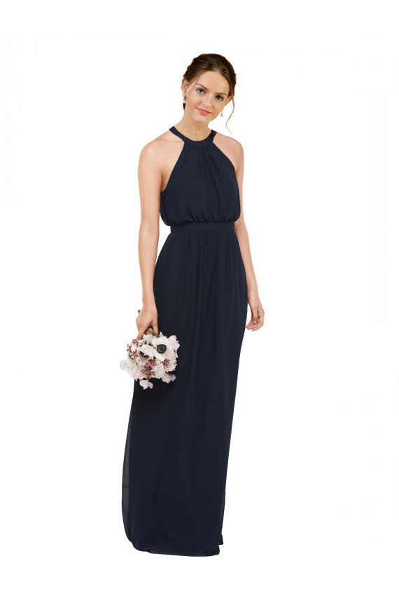 Acquista Blu marino scuro Linea A Capestro Alto Collo Chiffona Lunga Abiti da damigella donore