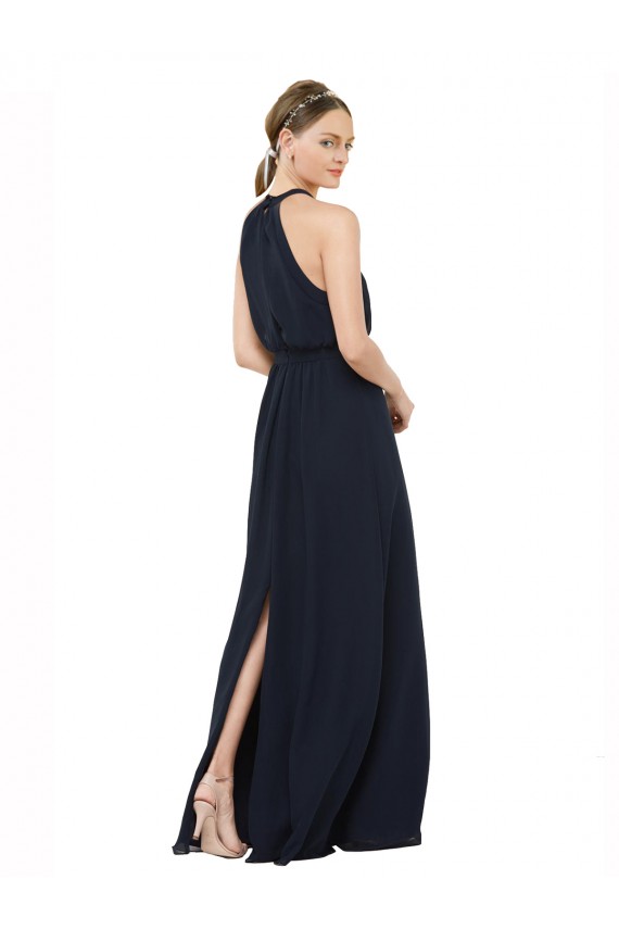 Acquista Blu marino scuro Linea A Capestro Alto Collo Chiffona Lunga Abiti da damigella donore