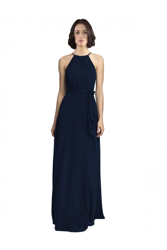 Acquista Blu marino scuro Linea A Capestro Alto Collo Chiffona Lunga Abiti da damigella donore