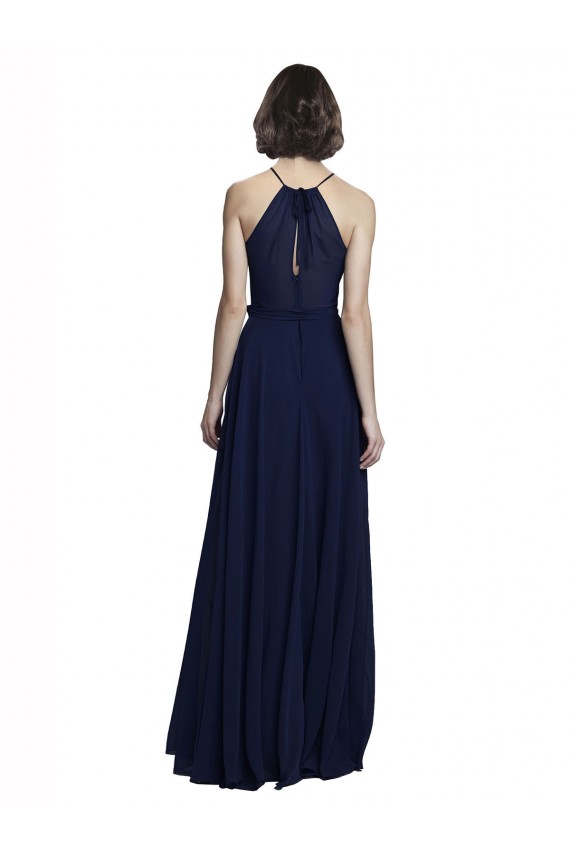 Acquista Blu marino scuro Linea A Capestro Alto Collo Chiffona Lunga Abiti da damigella donore