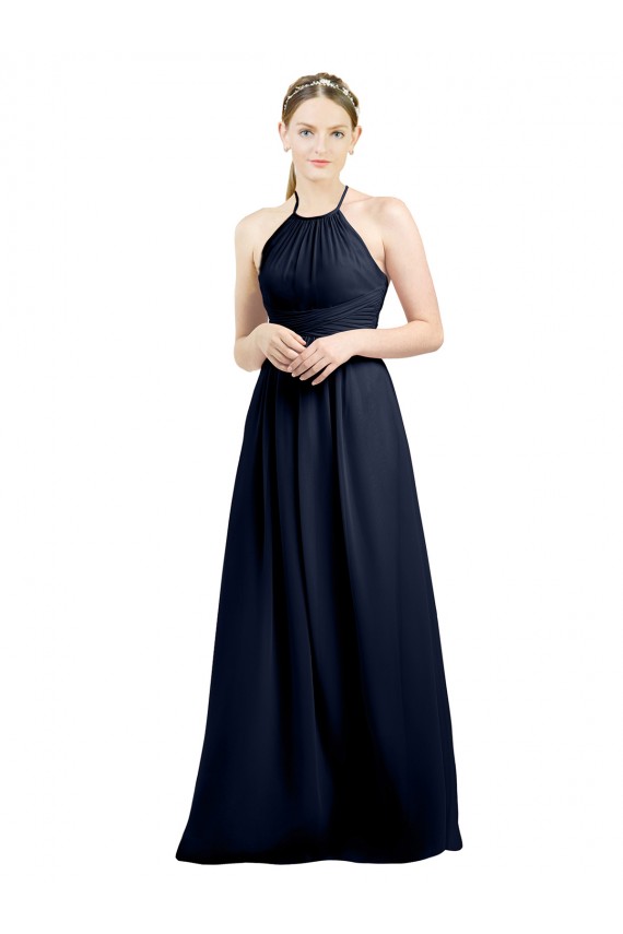 Acquista Blu marino scuro Linea A Capestro Alto Collo Chiffona Lunga Abiti da damigella donore