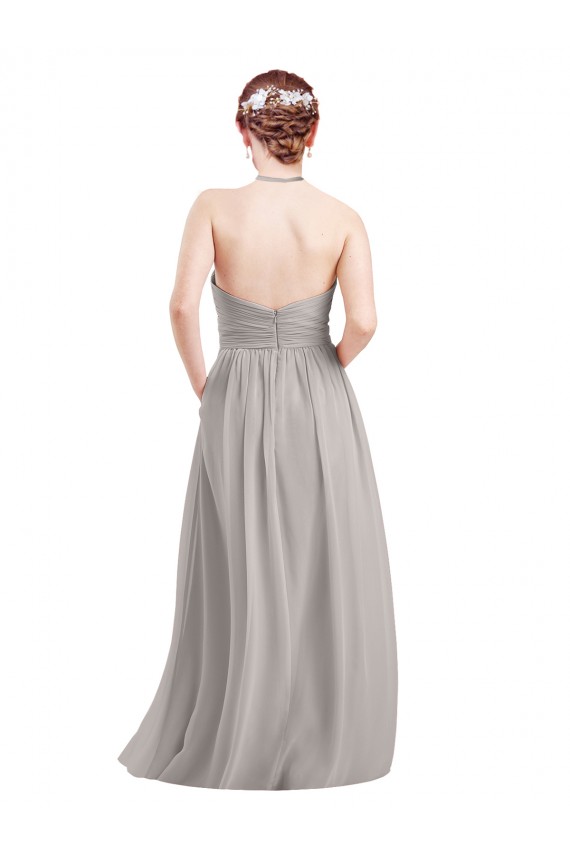 Acquista Blu marino scuro Linea A Capestro Alto Collo Chiffona Lunga Abiti da damigella donore
