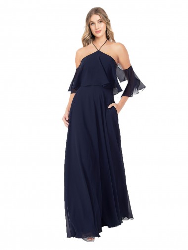 Acquista Blu marino scuro Linea A Capestro Alto Collo Chiffona Lunga Abiti da damigella donore