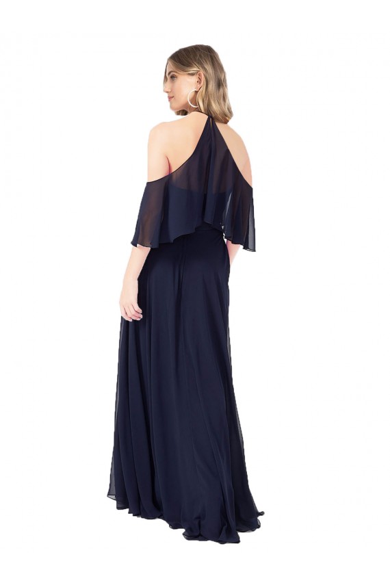 Acquista Blu marino scuro Linea A Capestro Alto Collo Chiffona Lunga Abiti da damigella donore