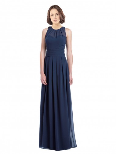 Acquista Blu marino scuro Linea A Capestro Chiffona Lunga Abiti da damigella donore