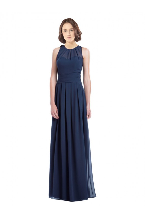 Acquista Blu marino scuro Linea A Capestro Chiffona Lunga Abiti da damigella donore
