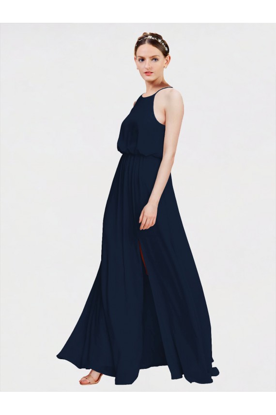 Acquista Blu marino scuro Linea A Capestro Chiffona Lunga Abiti da damigella donore
