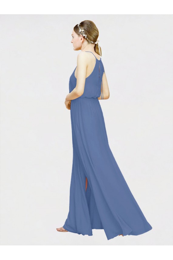 Acquista Blu marino scuro Linea A Capestro Chiffona Lunga Abiti da damigella donore