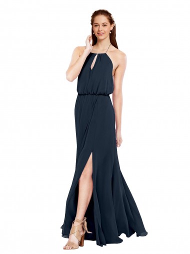 Acquista Blu marino scuro Linea A Capestro Chiffona Lunga Abiti da damigella donore